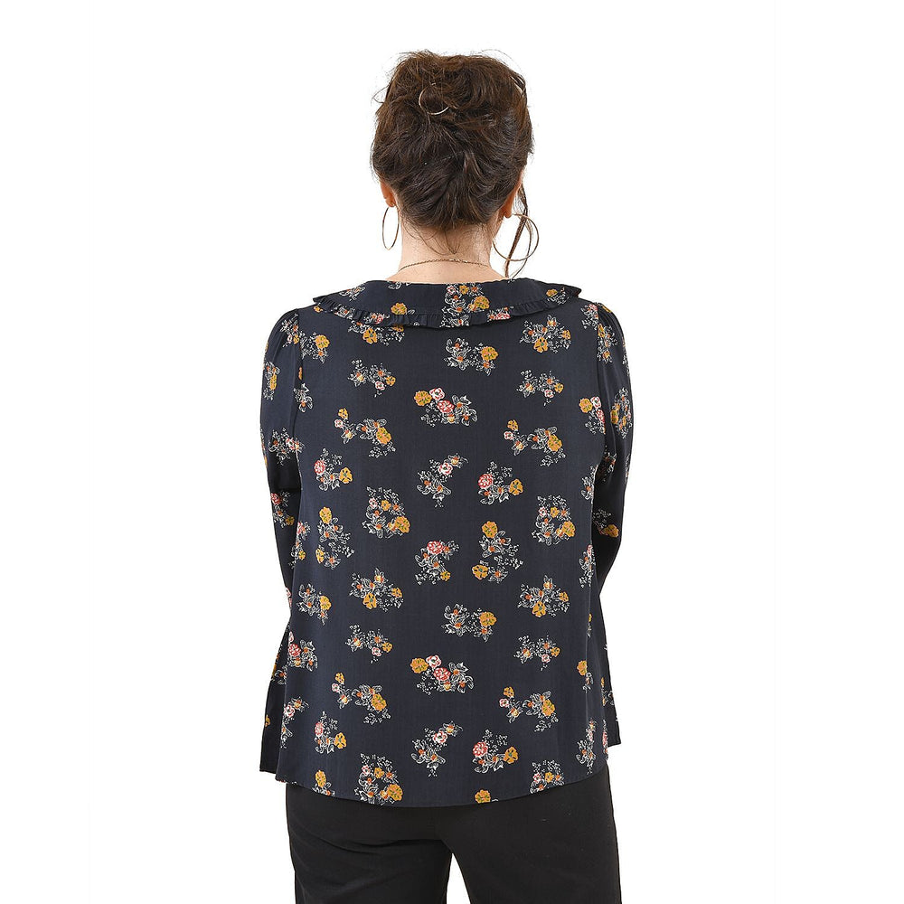 TAMSY 100% Viscose Floral Pattern Collar Blouse (Size M,12-14) - Black
