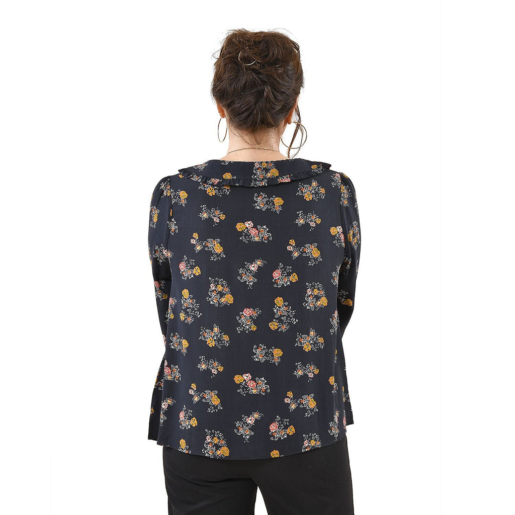 TAMSY 100% Viscose Floral Pattern Collar Blouse (Size M,12-14) - Black
