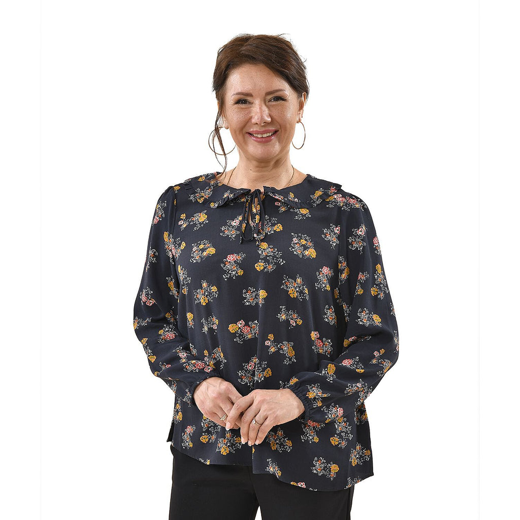 TAMSY 100% Viscose Floral Pattern Collar Blouse (Size M,12-14) - Black