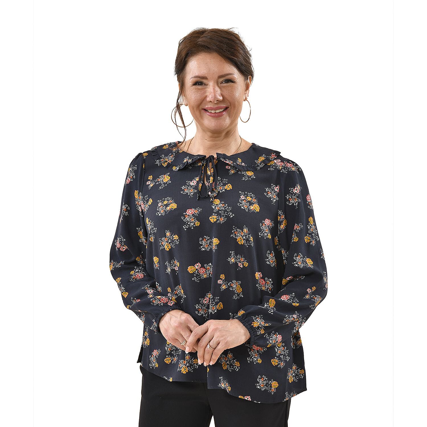 TAMSY 100% Viscose Floral Pattern Collar Blouse (Size M,12-14) - Black