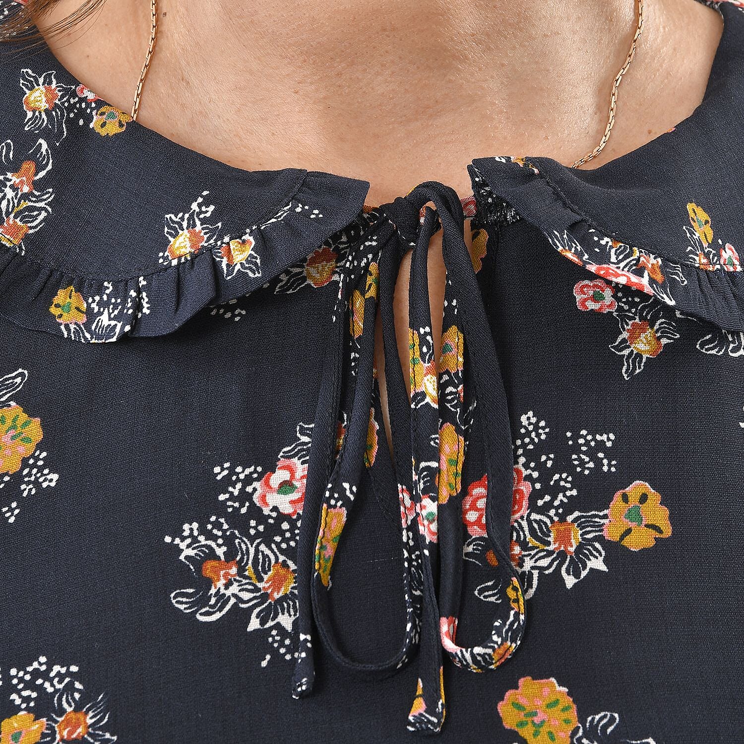 TAMSY 100% Viscose Floral Pattern Collar Blouse (Size M,12-14) - Black