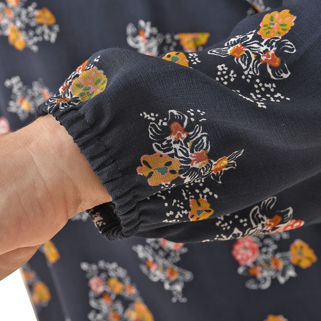 TAMSY 100% Viscose Floral Pattern Collar Blouse (Size M,12-14) - Black
