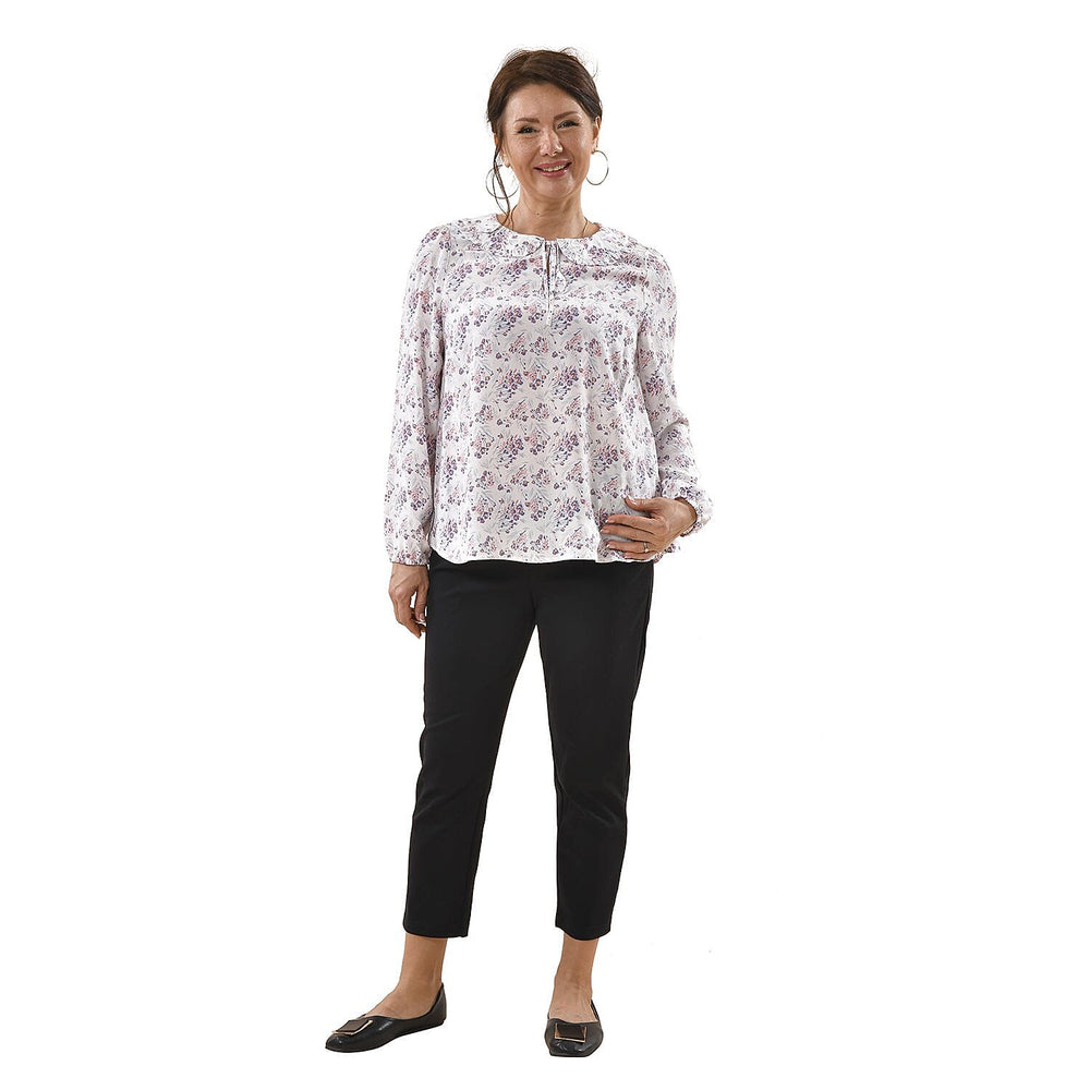 TAMSY 100% Viscose Floral Pattern Collar Blouse (Size S,8-10) - White