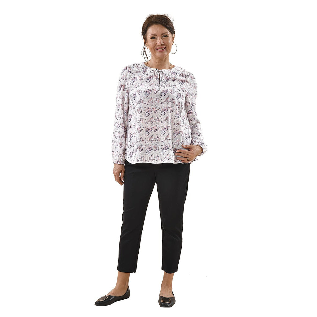 TAMSY 100% Viscose Floral Pattern Collar Blouse (Size S,8-10) - White