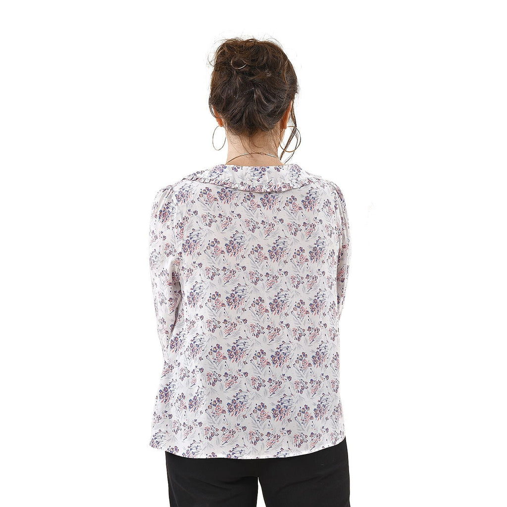 TAMSY 100% Viscose Floral Pattern Collar Blouse (Size S,8-10) - White