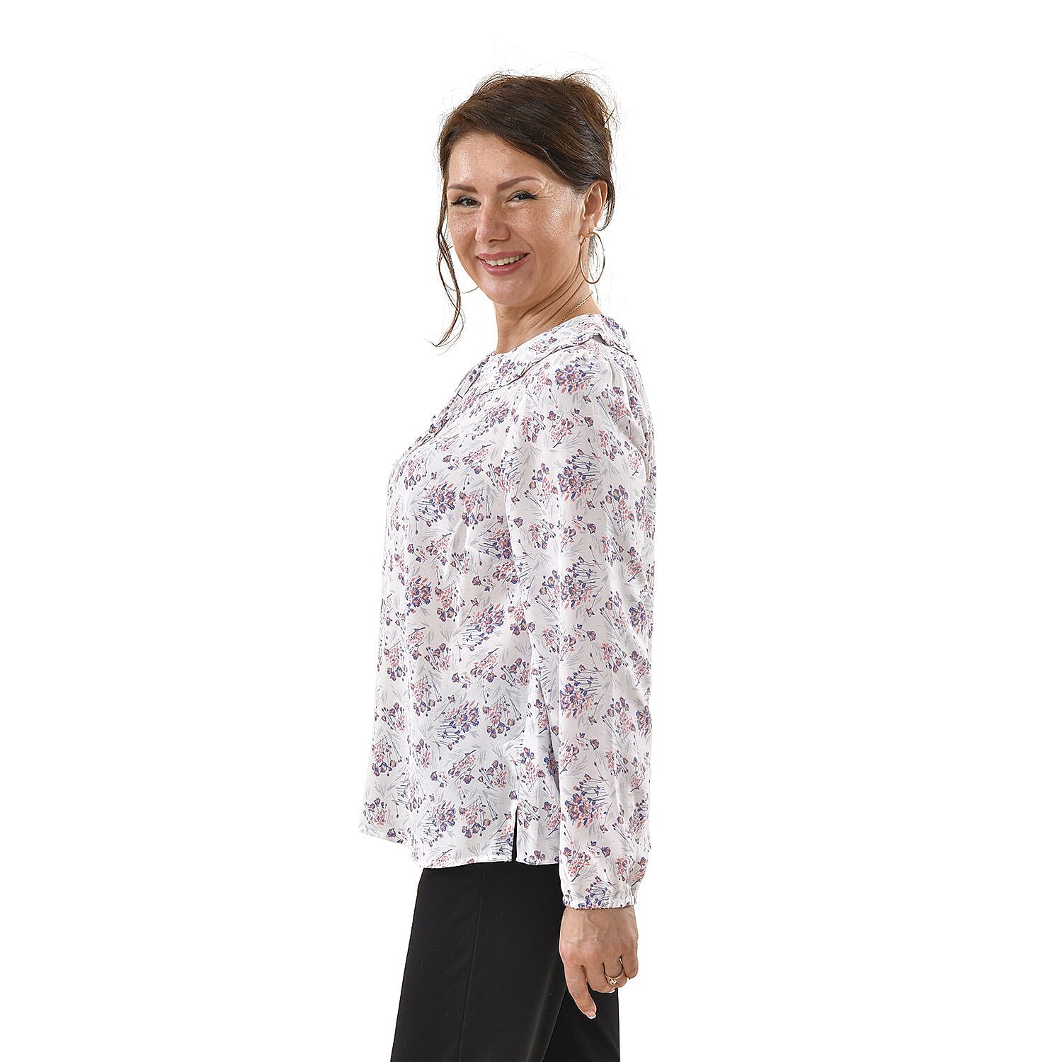 TAMSY 100% Viscose Floral Pattern Collar Blouse (Size L,16-18) - White