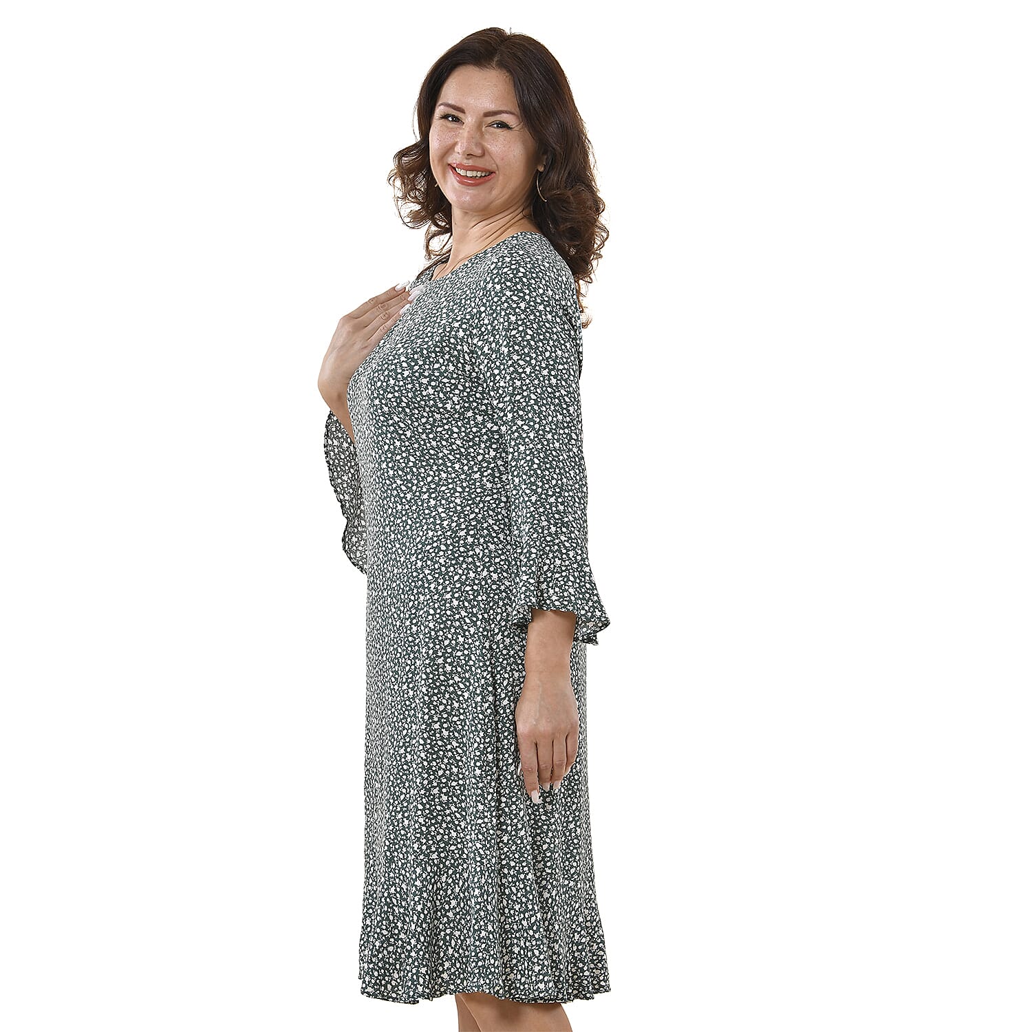 TAMSY 100% Viscose Floral Pattern Dress (Size M, 12-14) - Teal Green