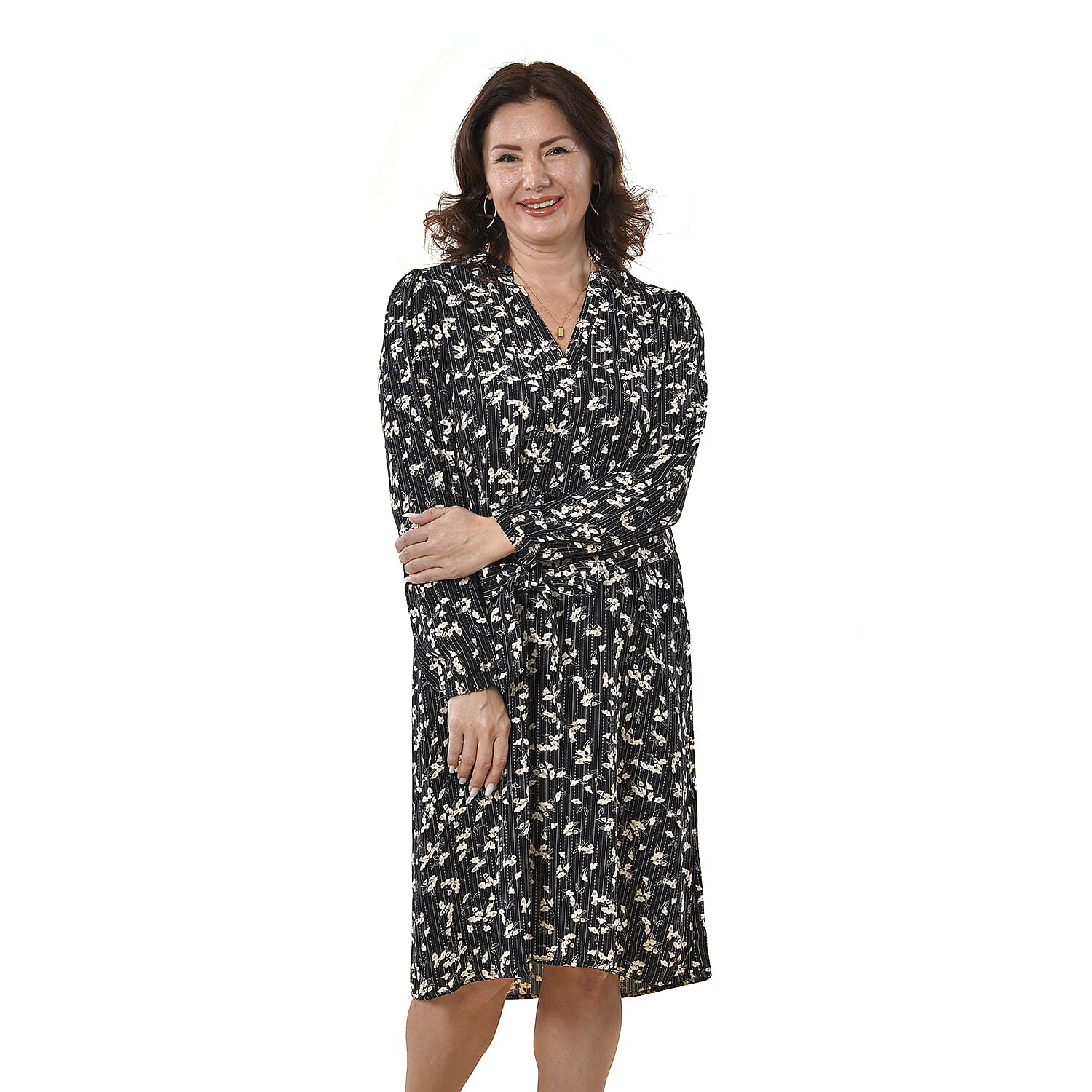 TAMSY 100% Viscose Floral Pattern Dress (Size M, 12-14) - Black