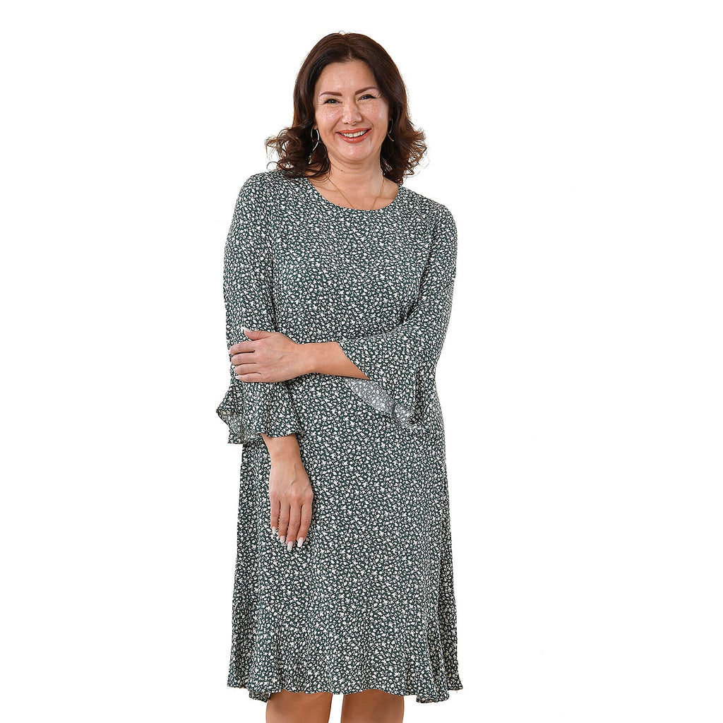 TAMSY 100% Viscose Floral Pattern Dress (Size XXL, 24-26) - Teal Green