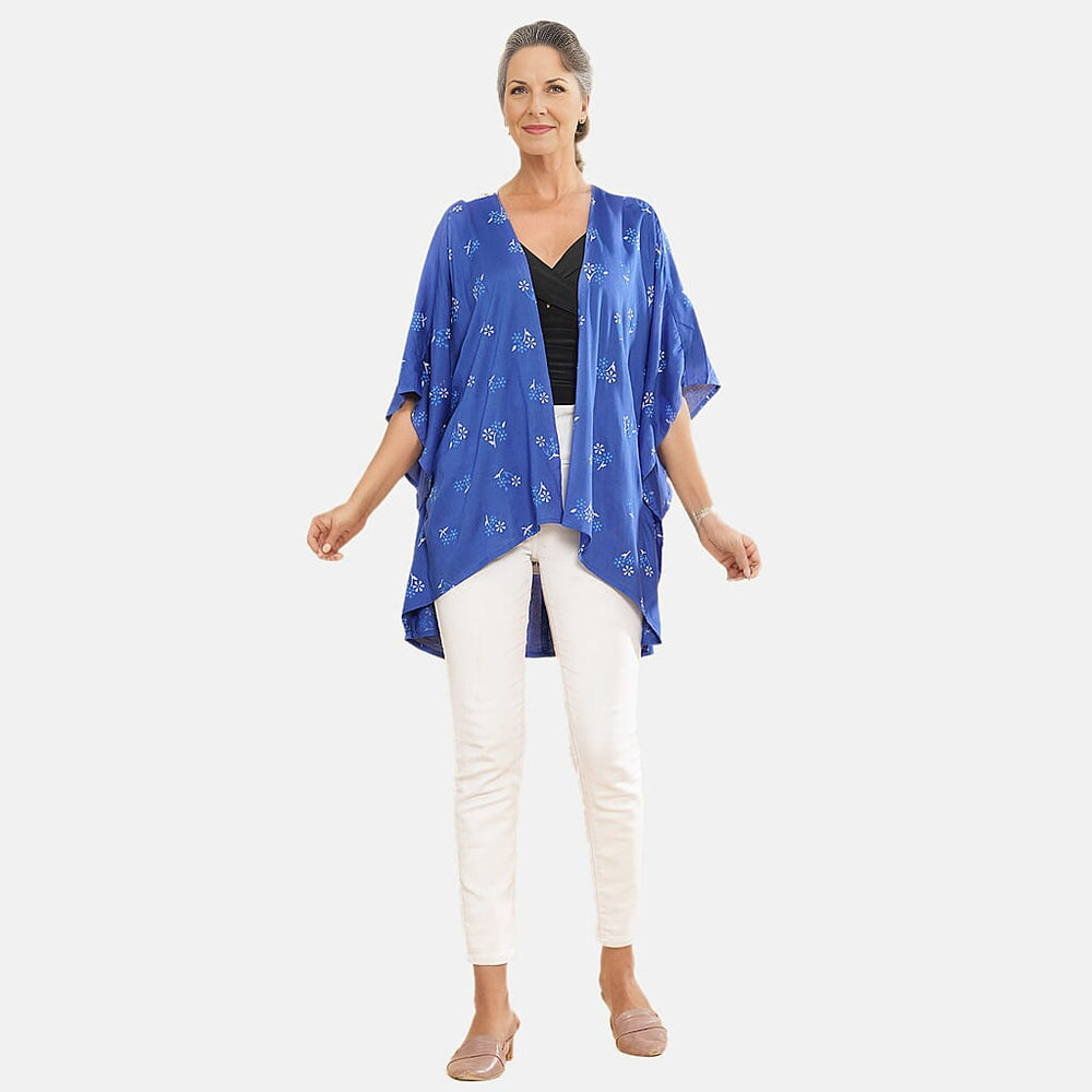TAMSY 100% Viscose Floral Pattern Open Front Kimono (One Size) - Blue