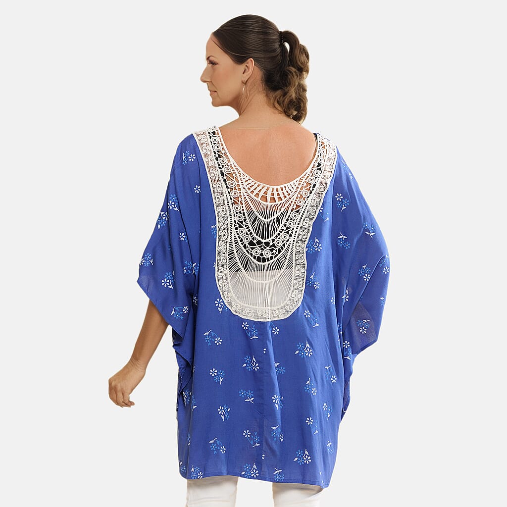 TAMSY 100% Viscose Floral Pattern Open Front Kimono (One Size) - Blue