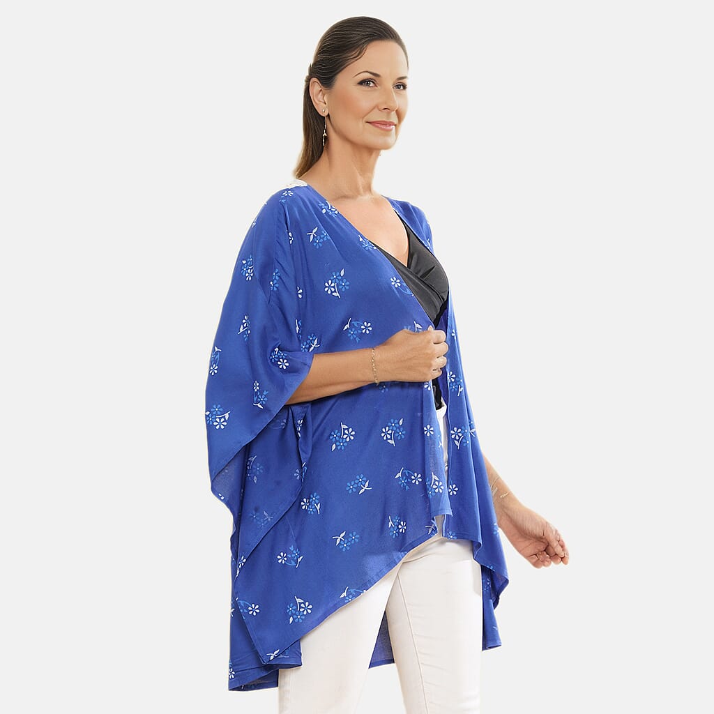 TAMSY 100% Viscose Floral Pattern Open Front Kimono (One Size) - Blue