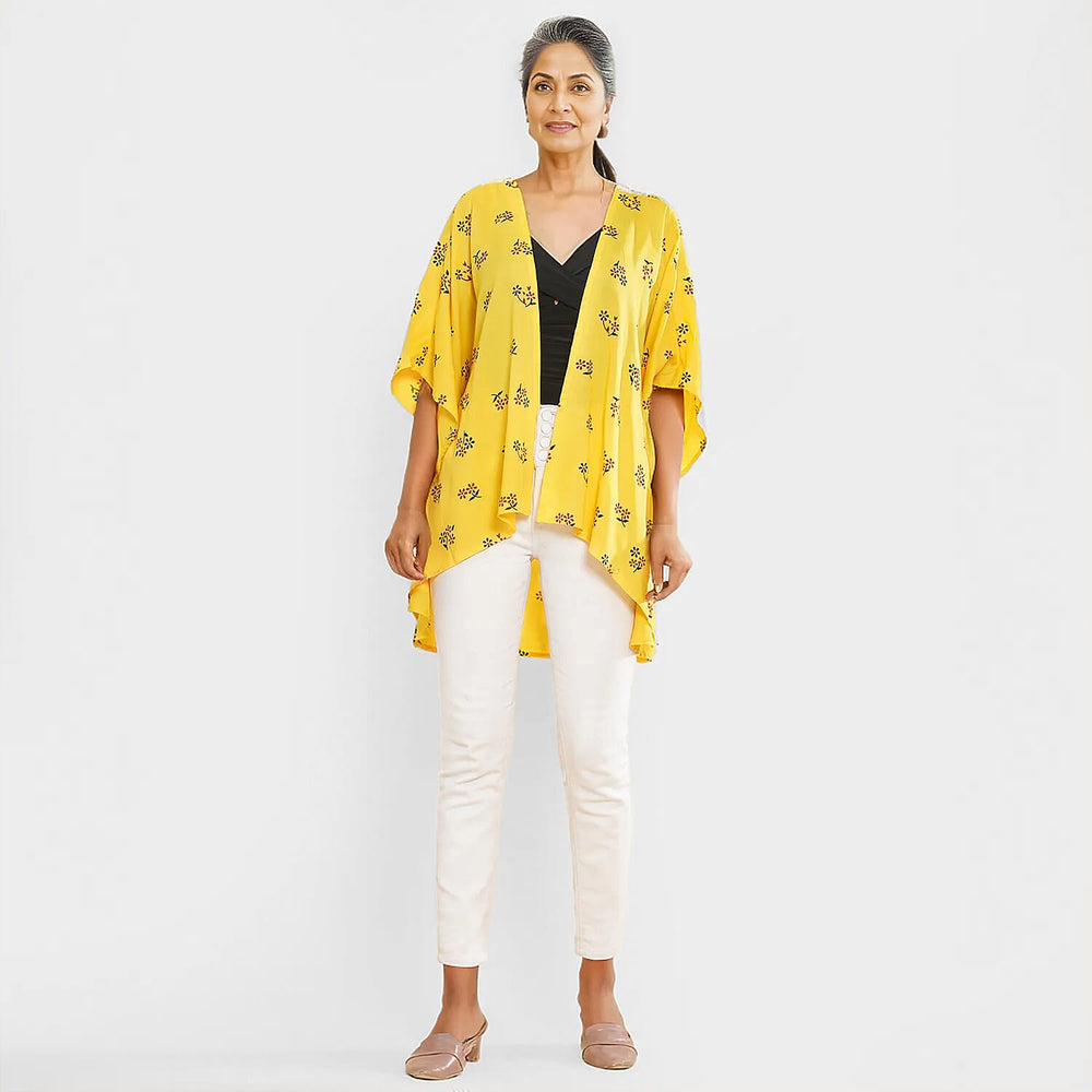 TAMSY 100% Viscose Floral Pattern Kimono (One Size) - Yellow