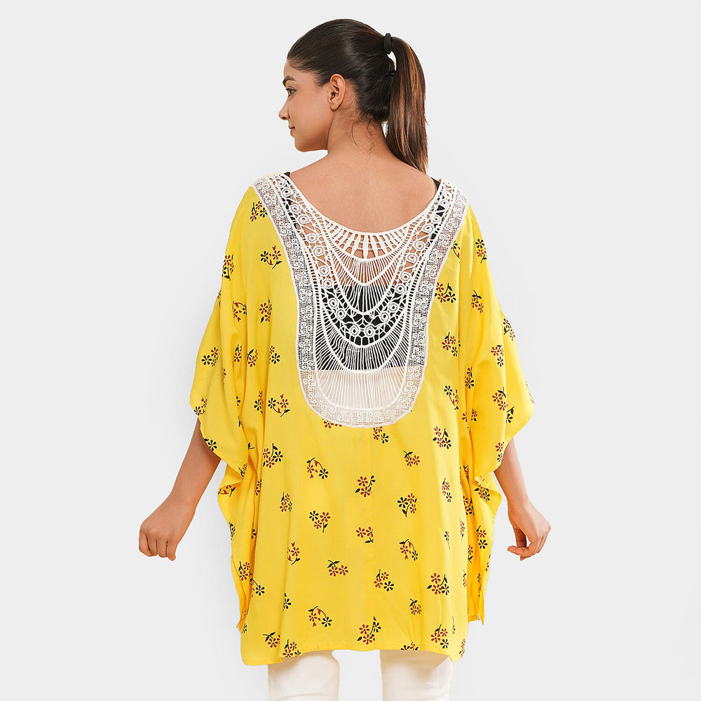 TAMSY 100% Viscose Floral Pattern Kimono (One Size) - Yellow