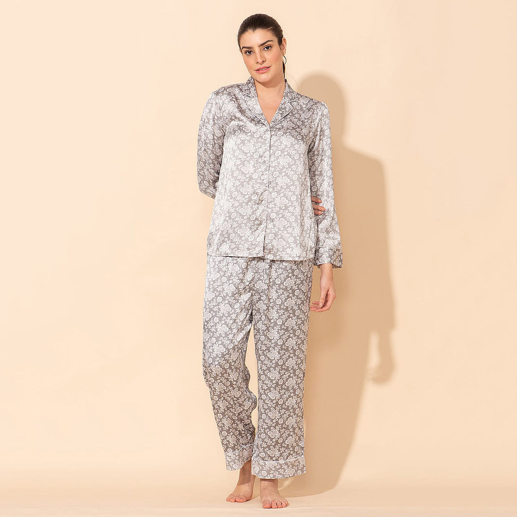 Doorbuster - TAMSY Floral Pattern Silk Like Nightwear Set (Size L) - Grey & White