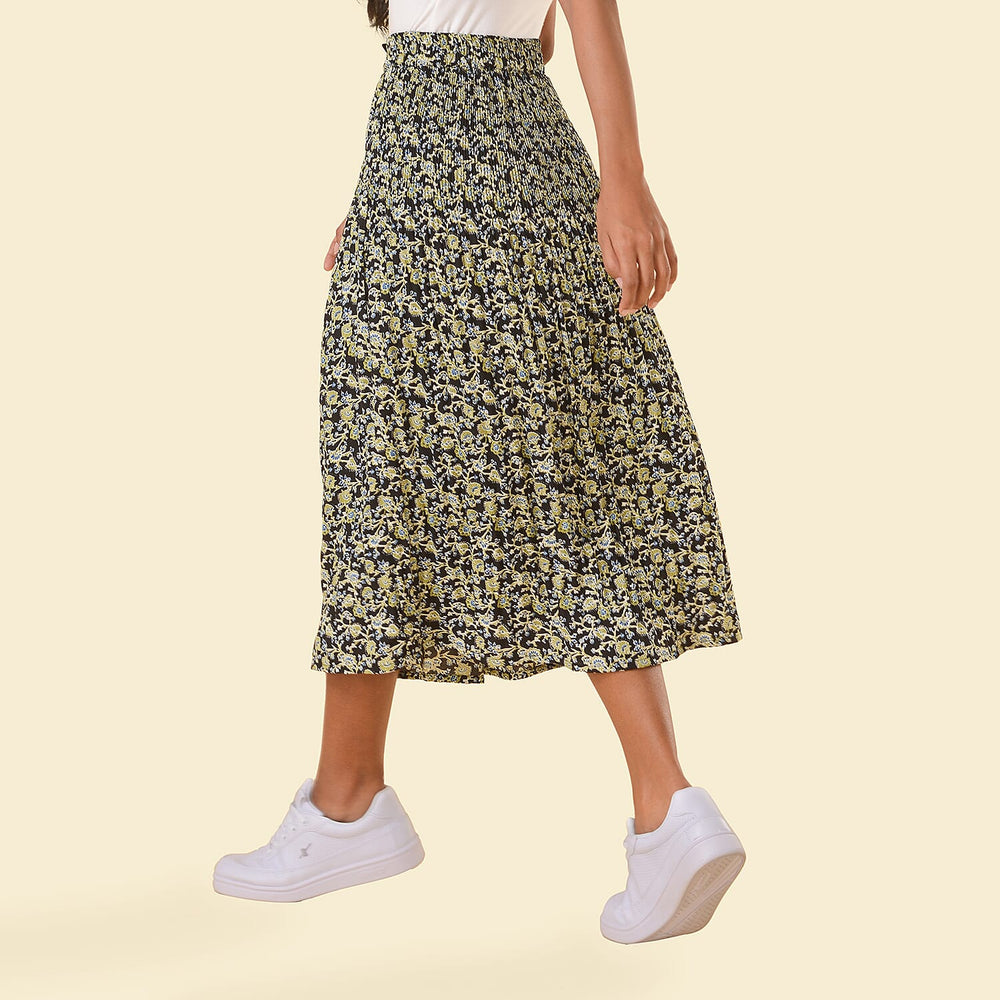 TAMSY Floral Pattern Skirt (Size S,8 - 10) - Green & Black