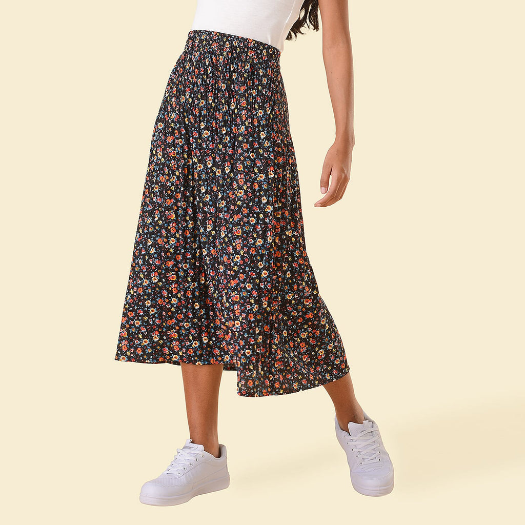 TAMSY Floral Pattern Skirt (Size M,12 - 14) - Black & Multi