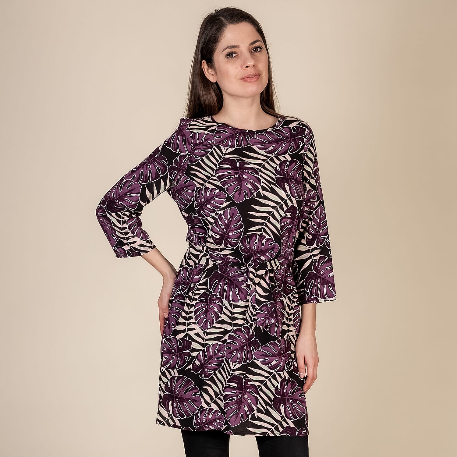 TAMSY Leaf Printed Plum Top (Size L,16-18) - Black - Purple