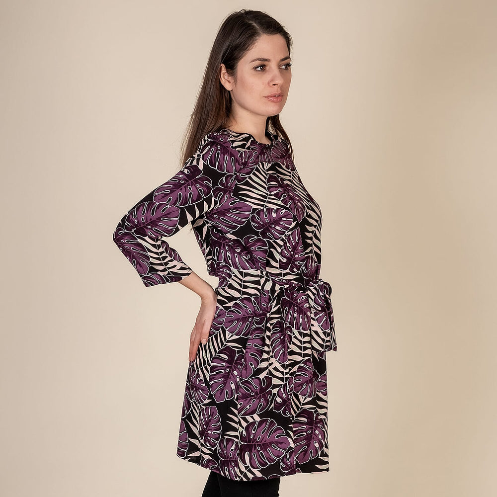 TAMSY Leaf Printed Plum Top (Size L,16-18) - Black - Purple