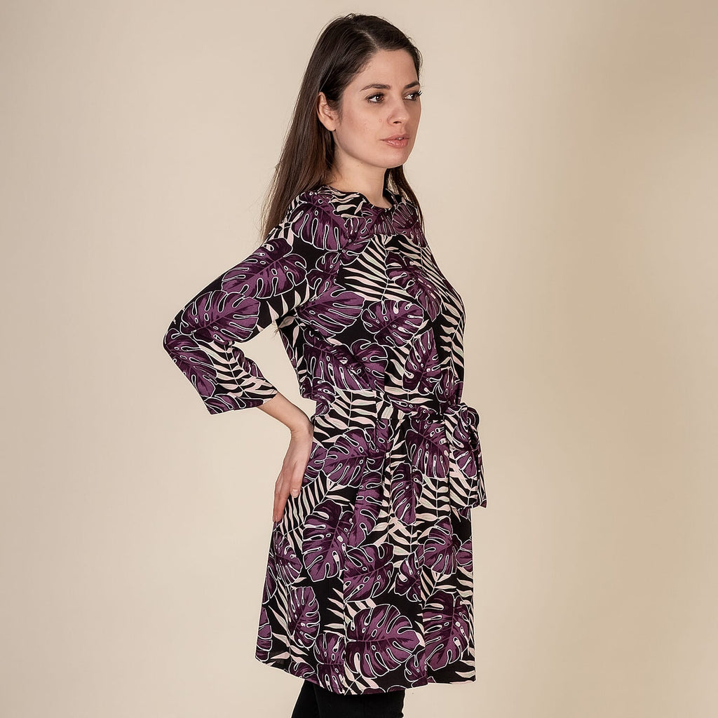 TAMSY Leaf Printed Plum Top (Size L,16-18) - Black - Purple