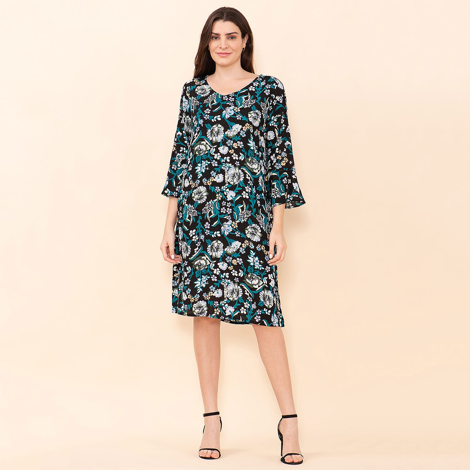 TAMSY 100% Viscose Floral Pattern Midi Dress (Size 20) - Black, Teal - Multi