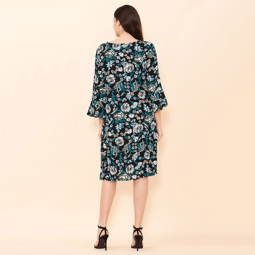 TAMSY 100% Viscose Floral Pattern Midi Dress (Size 20) - Black, Teal - Multi