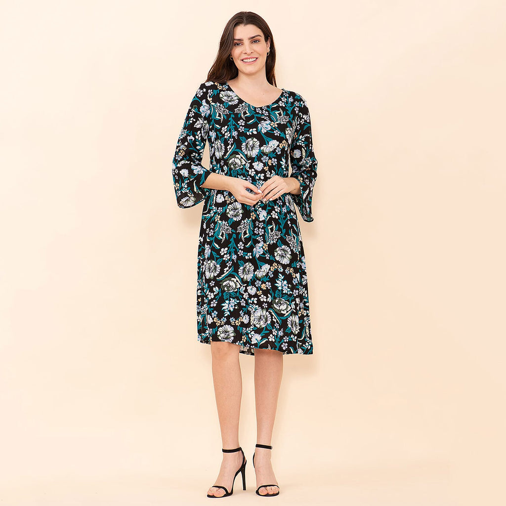 TAMSY 100% Viscose Floral Pattern Midi Dress (Size 20) - Black, Teal - Multi