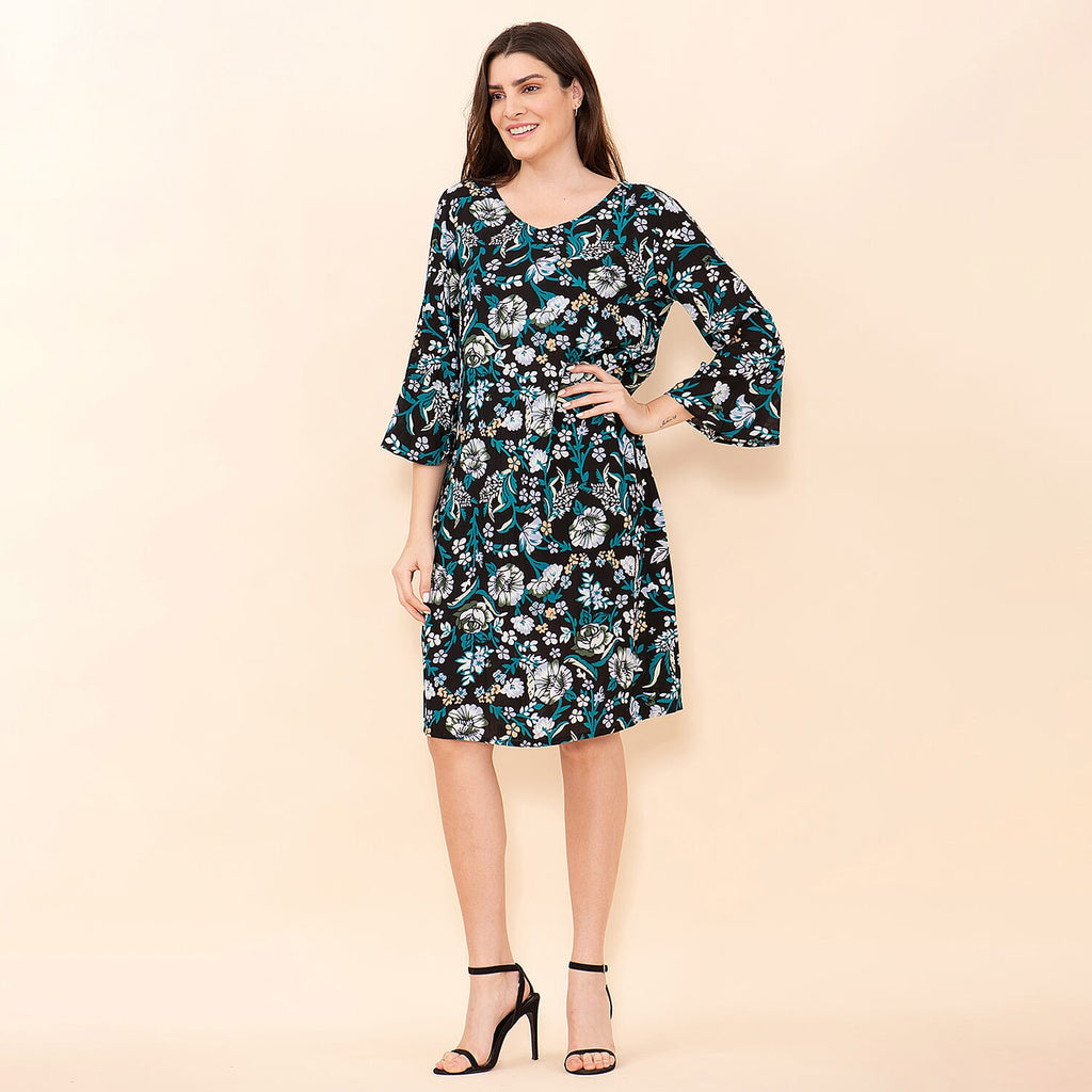 TAMSY 100% Viscose Floral Pattern Midi Dress (Size 20) - Black, Teal - Multi
