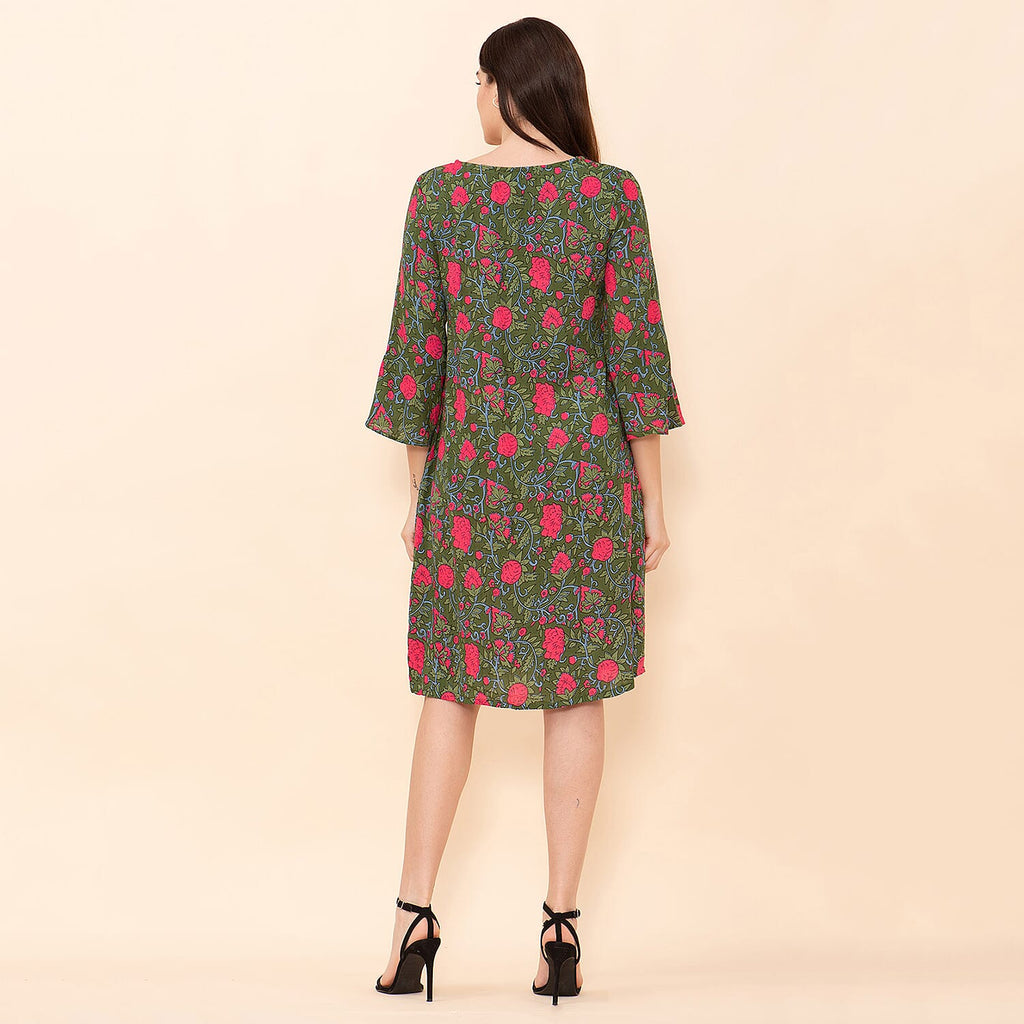 TAMSY 100% Viscose Floral Pattern Midi Dress (Size 8) - Green & Pink