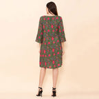 TAMSY 100% Viscose Floral Pattern Midi Dress (Size 8) - Green & Pink