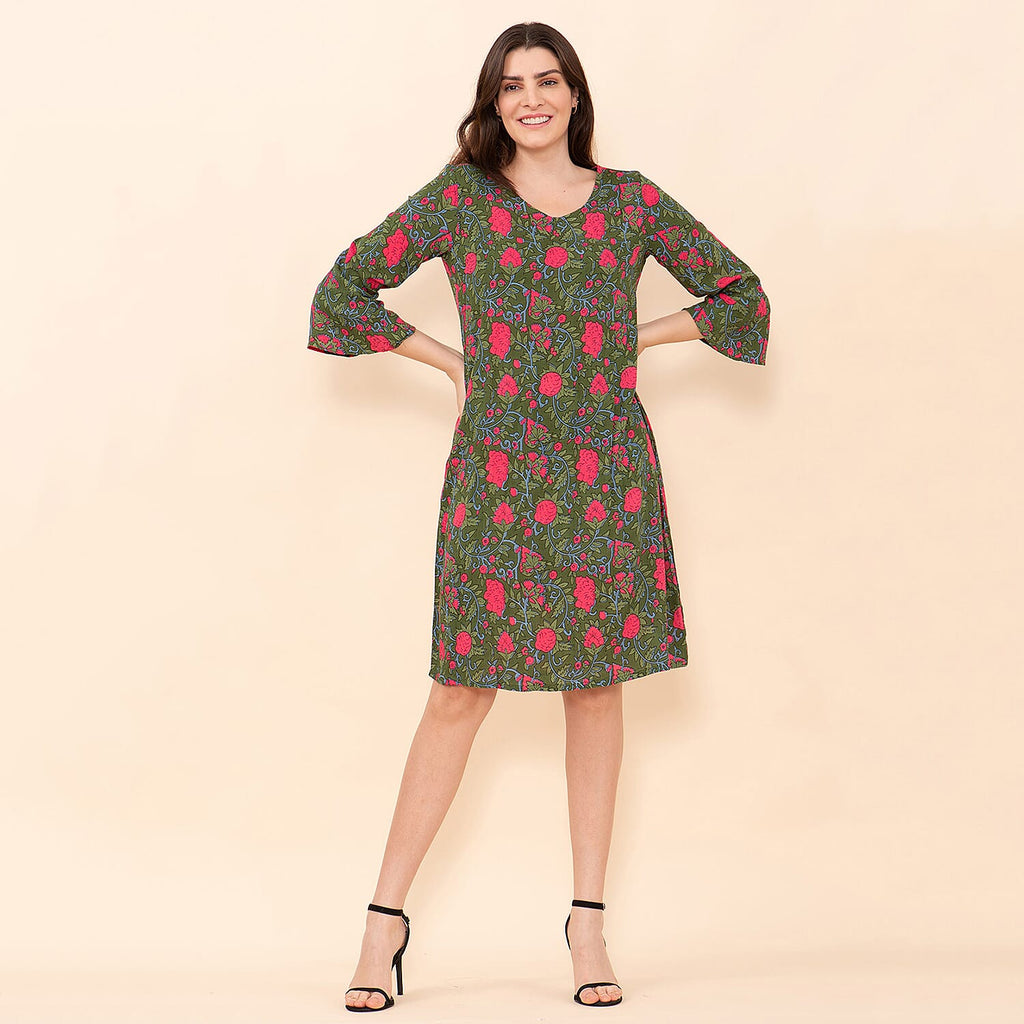 TAMSY 100% Viscose Floral Pattern Midi Dress (Size 8) - Green & Pink