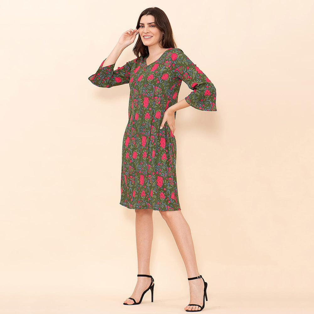 TAMSY 100% Viscose Floral Pattern Midi Dress (Size 8) - Green & Pink