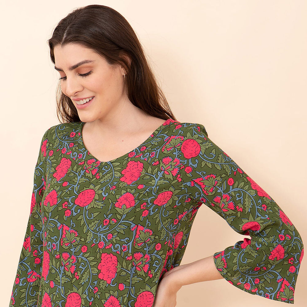 TAMSY 100% Viscose Floral Pattern Midi Dress (Size 8) - Green & Pink