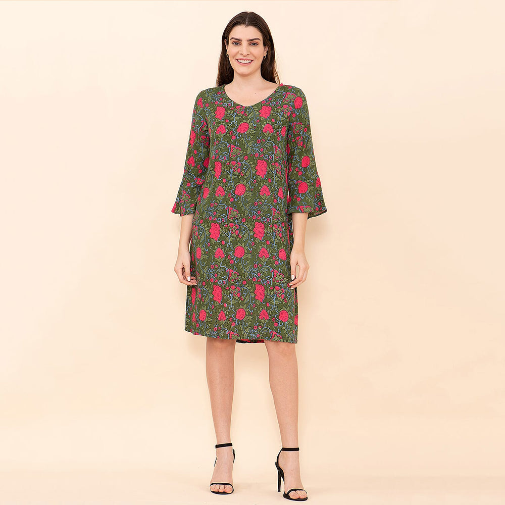 TAMSY 100% Viscose Floral Pattern Midi Dress (Size 10) - Green & Pink
