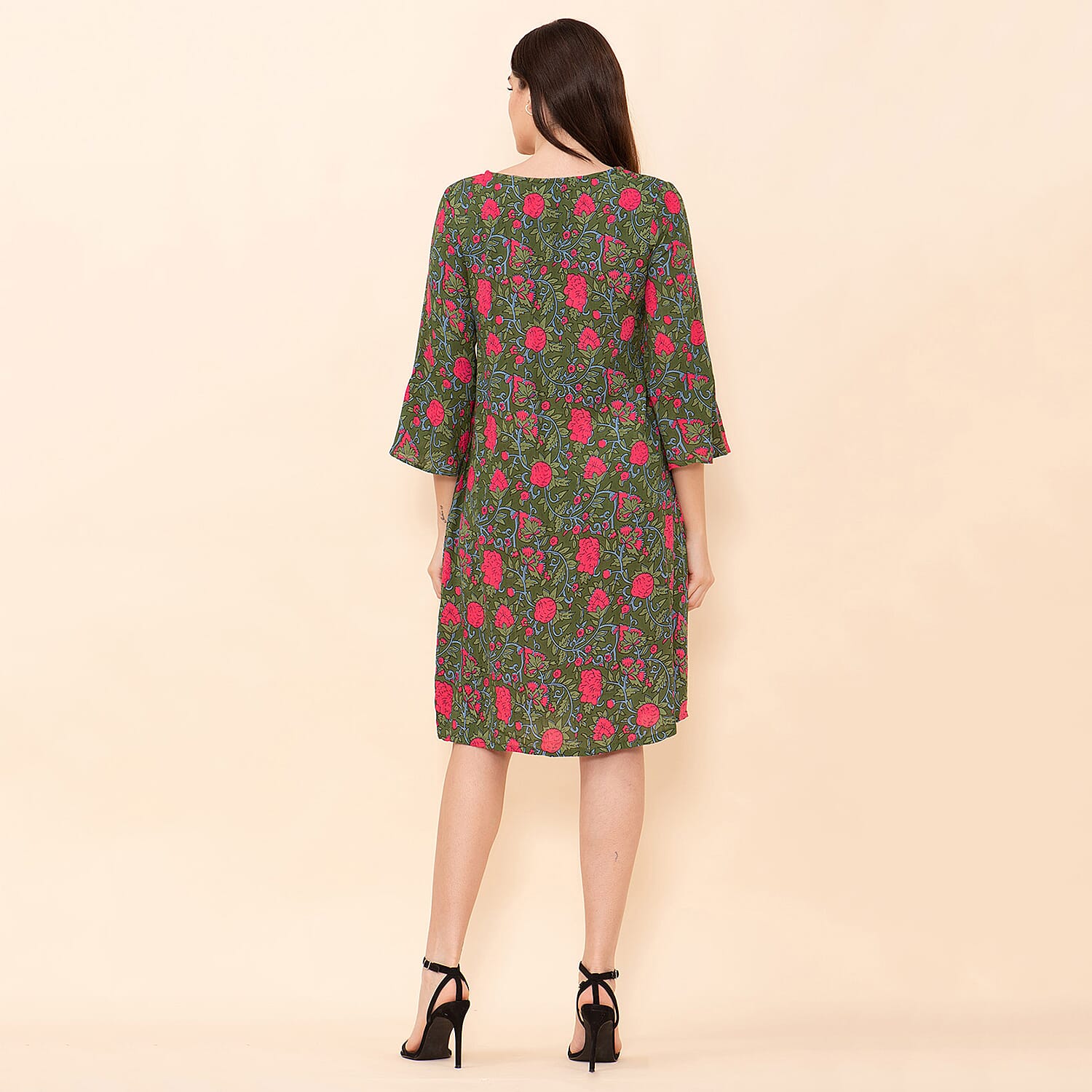 TAMSY 100% Viscose Floral Pattern Midi Dress (Size 10) - Green & Pink