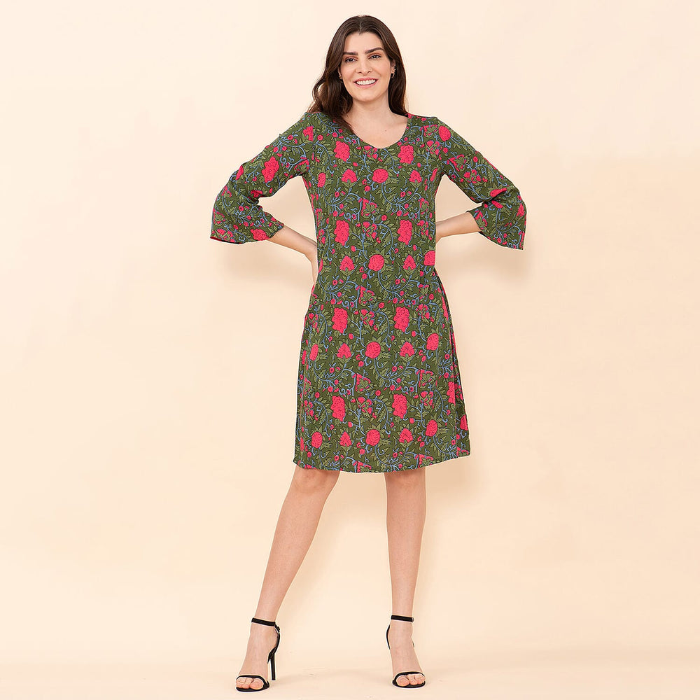 TAMSY 100% Viscose Floral Pattern Midi Dress (Size 10) - Green & Pink
