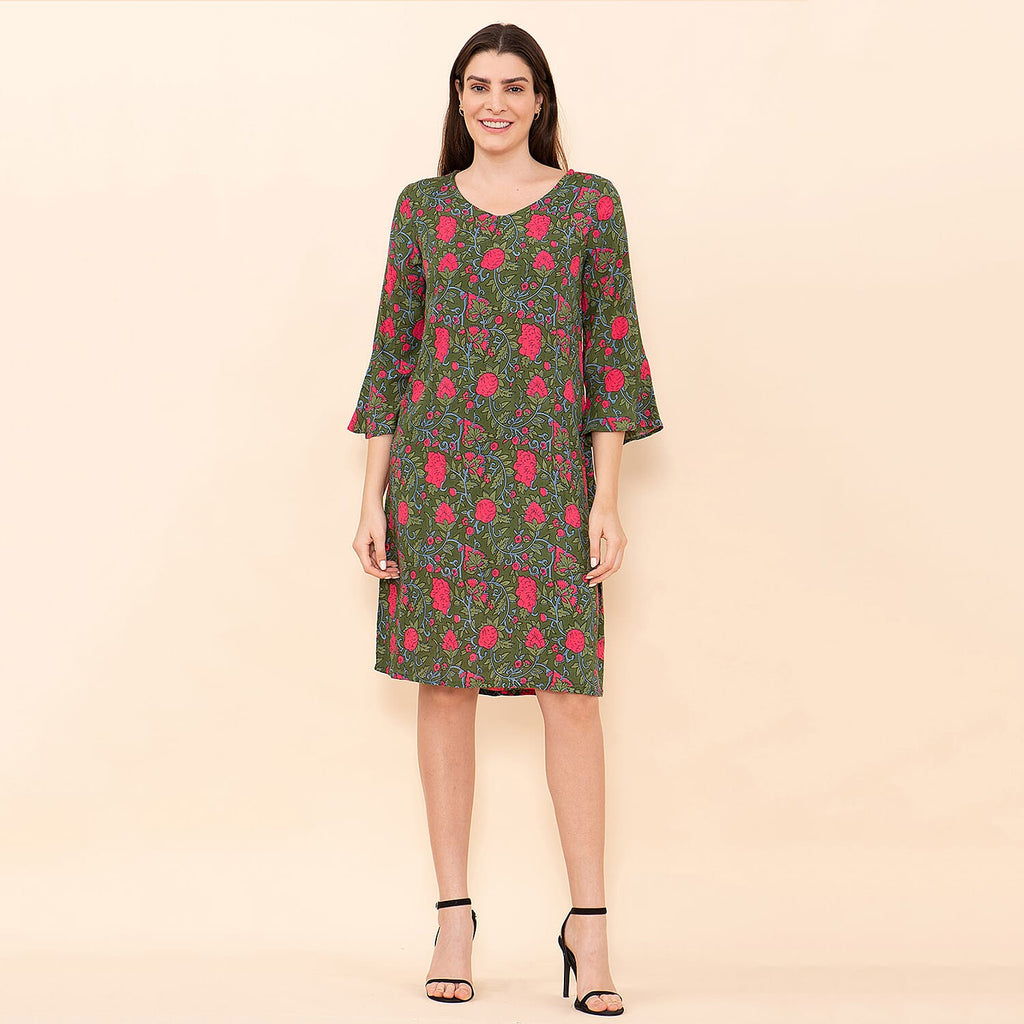 TAMSY 100% Viscose Floral Pattern Midi Dress (Size 20) - Green & Pink