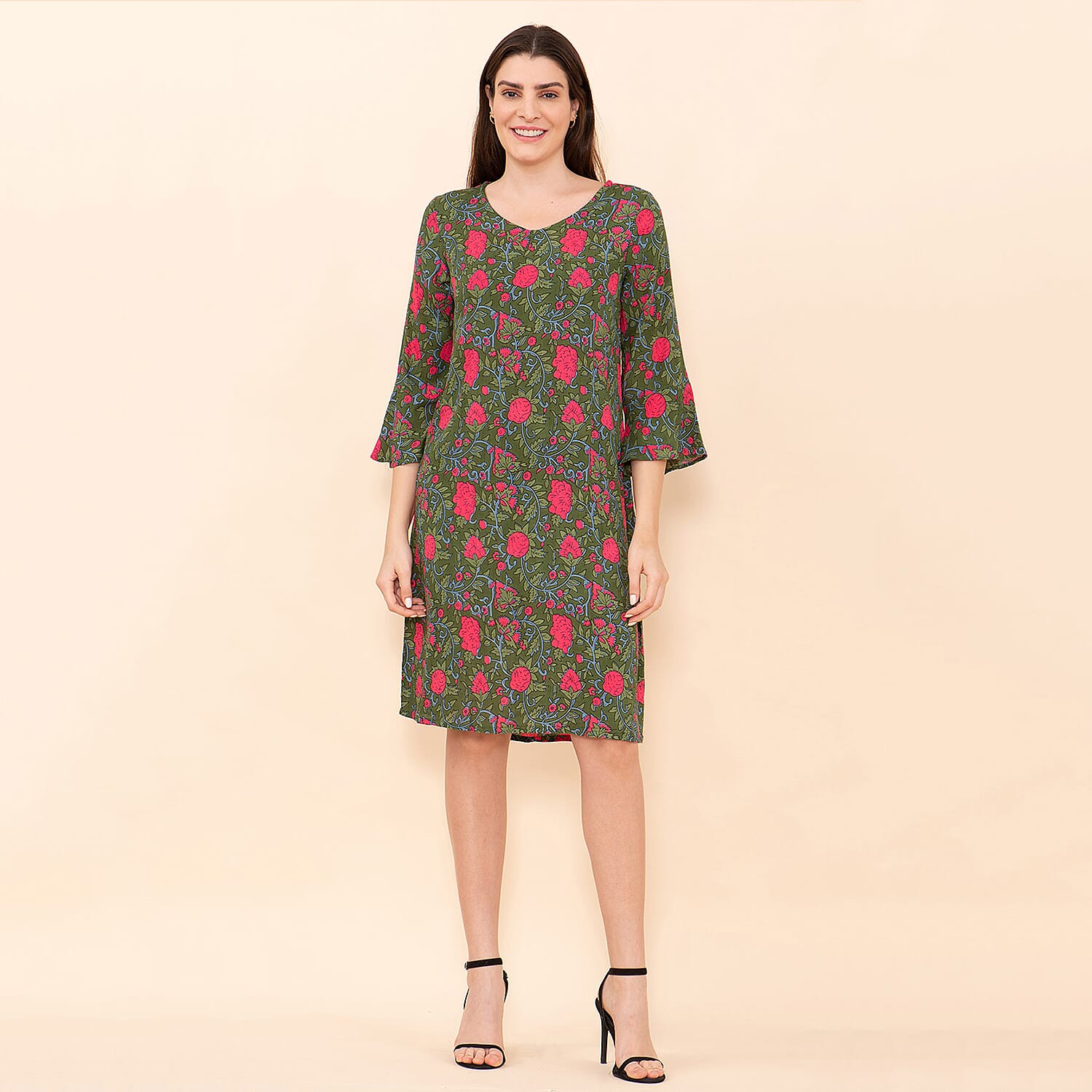 TAMSY 100% Viscose Floral Pattern Midi Dress (Size 20) - Green & Pink