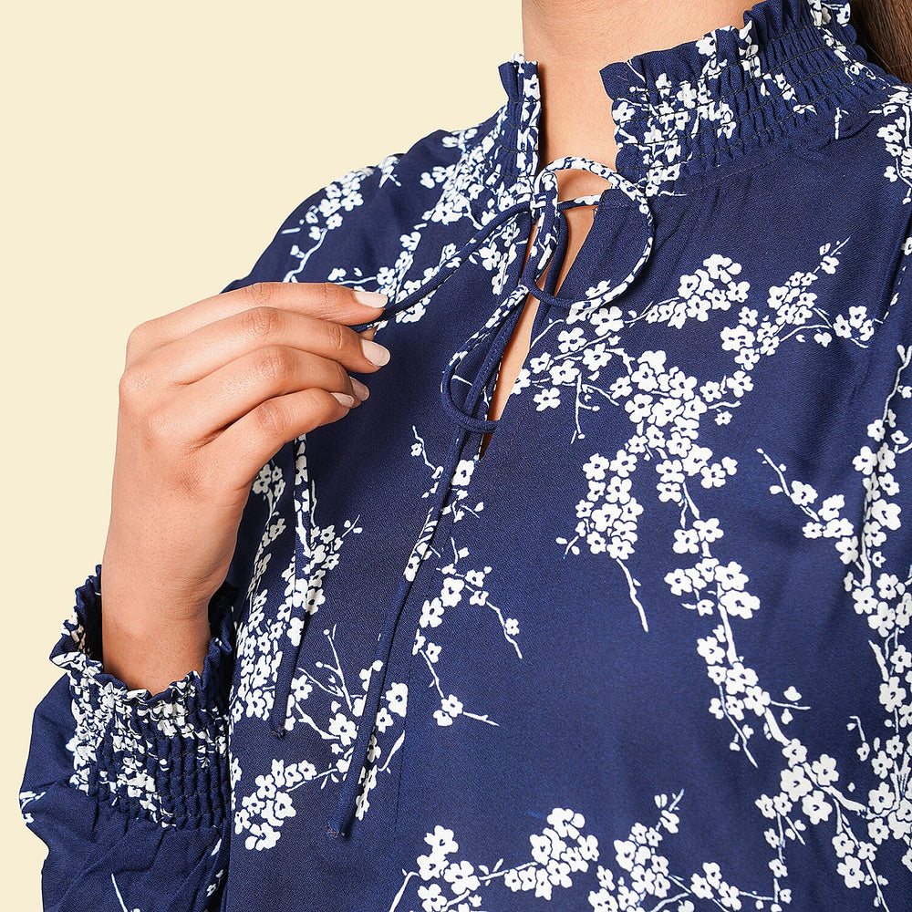 TAMSY Floral Pattern Top (Size 12) - Navy - White
