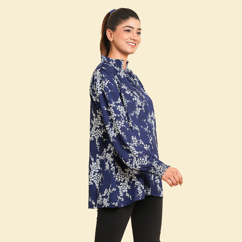TAMSY Floral Pattern Top (Size 10) - Navy - White