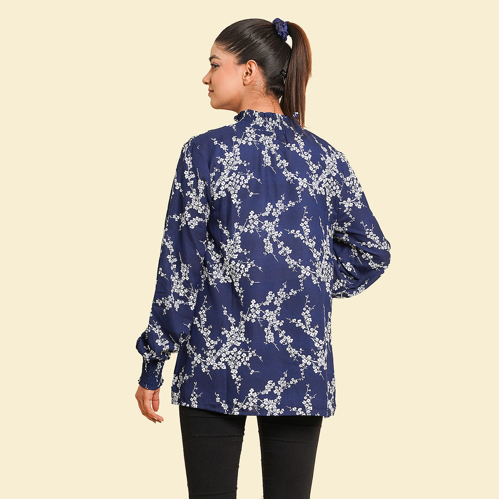 TAMSY Floral Pattern Top (Size 14) - Navy - White