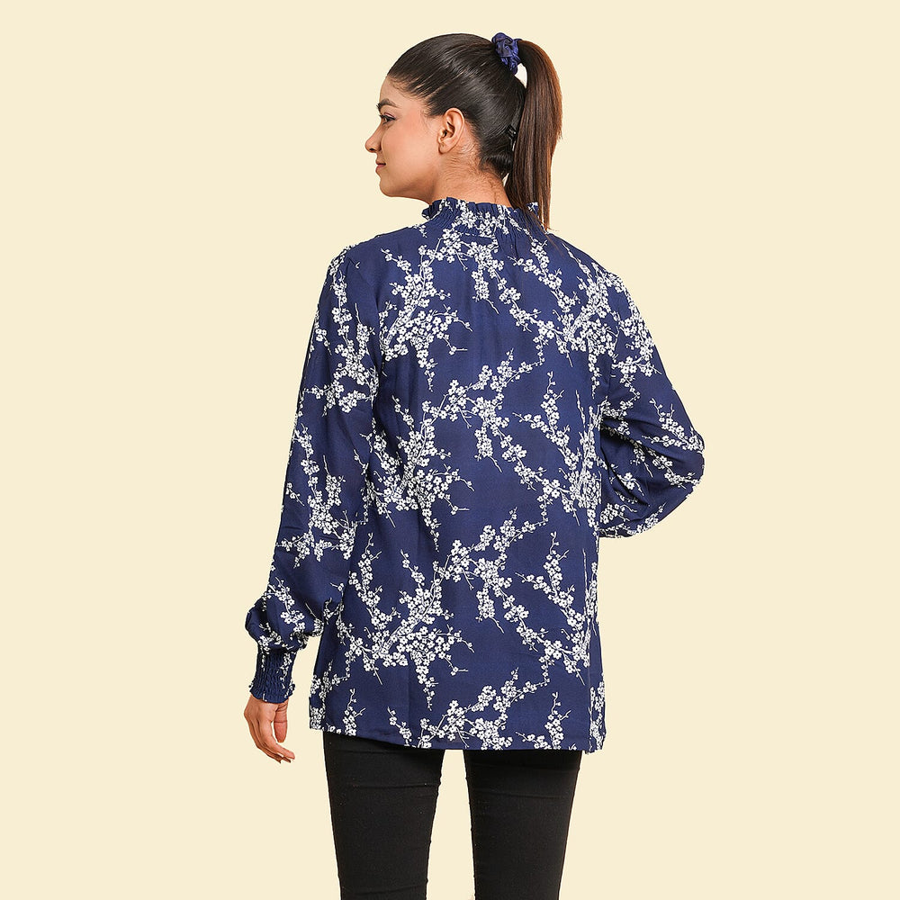 TAMSY Floral Pattern Top (Size 18) - Navy - White