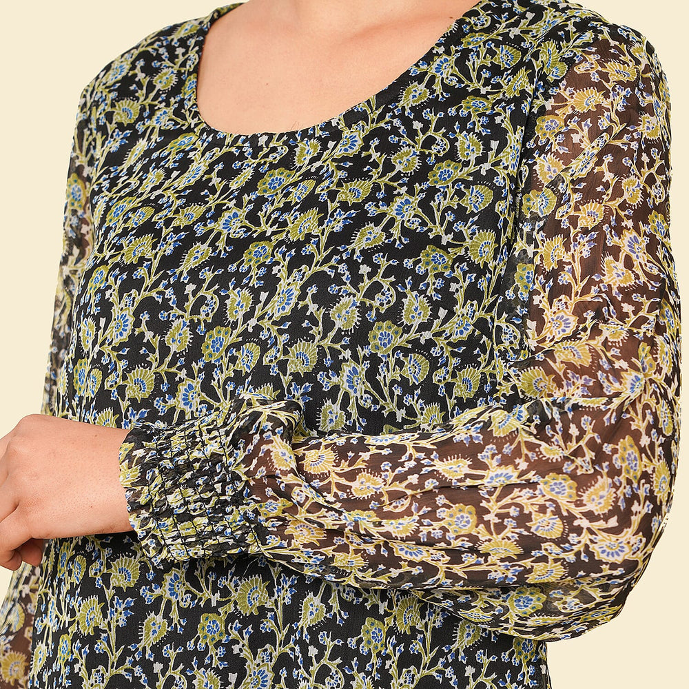 TAMSY Floral Pattern Top (Size 8) - Green - Black