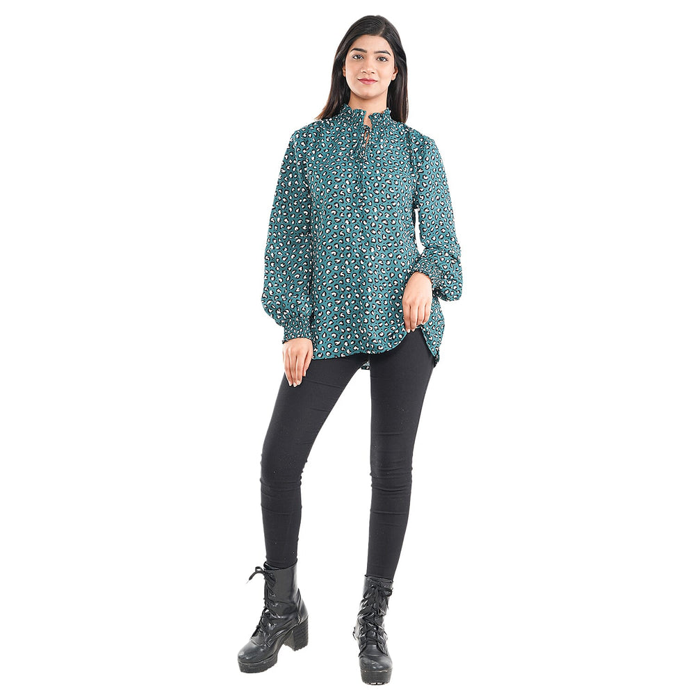TAMSY Leopard Pattern Top (Size 10) - Green, Black - White