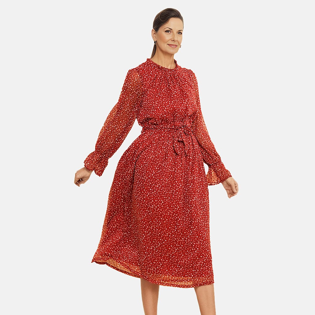 TAMSY Floral Printed Dress (Size M, 12-14) - Red