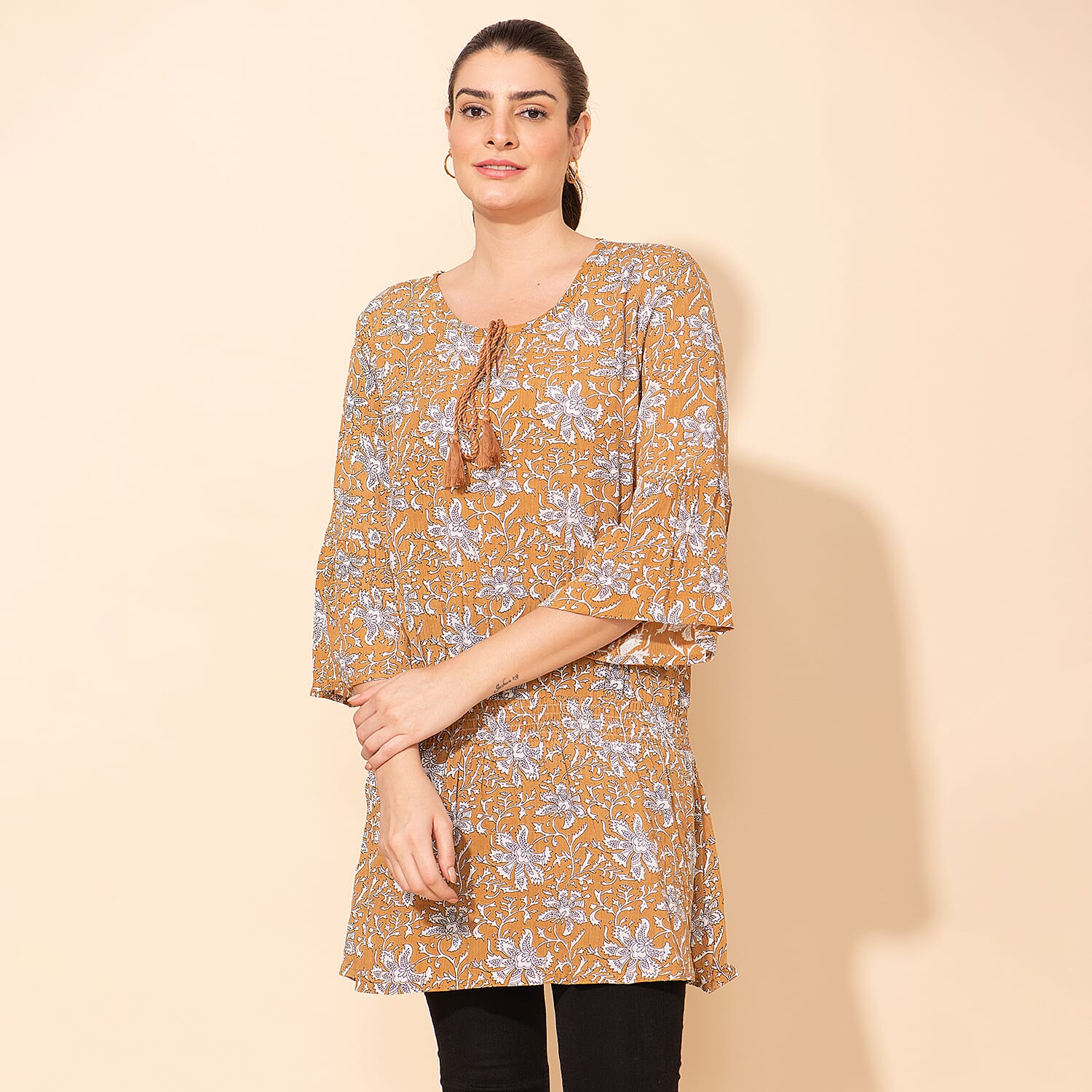 TAMSY 100% Viscose Printed Crepe Top (Size 20) - Beige