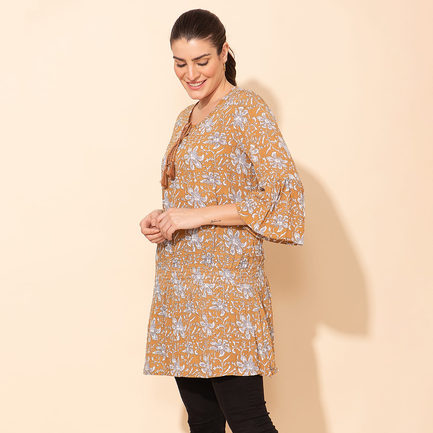 TAMSY 100% Viscose Printed Crepe Top (Size 20) - Beige