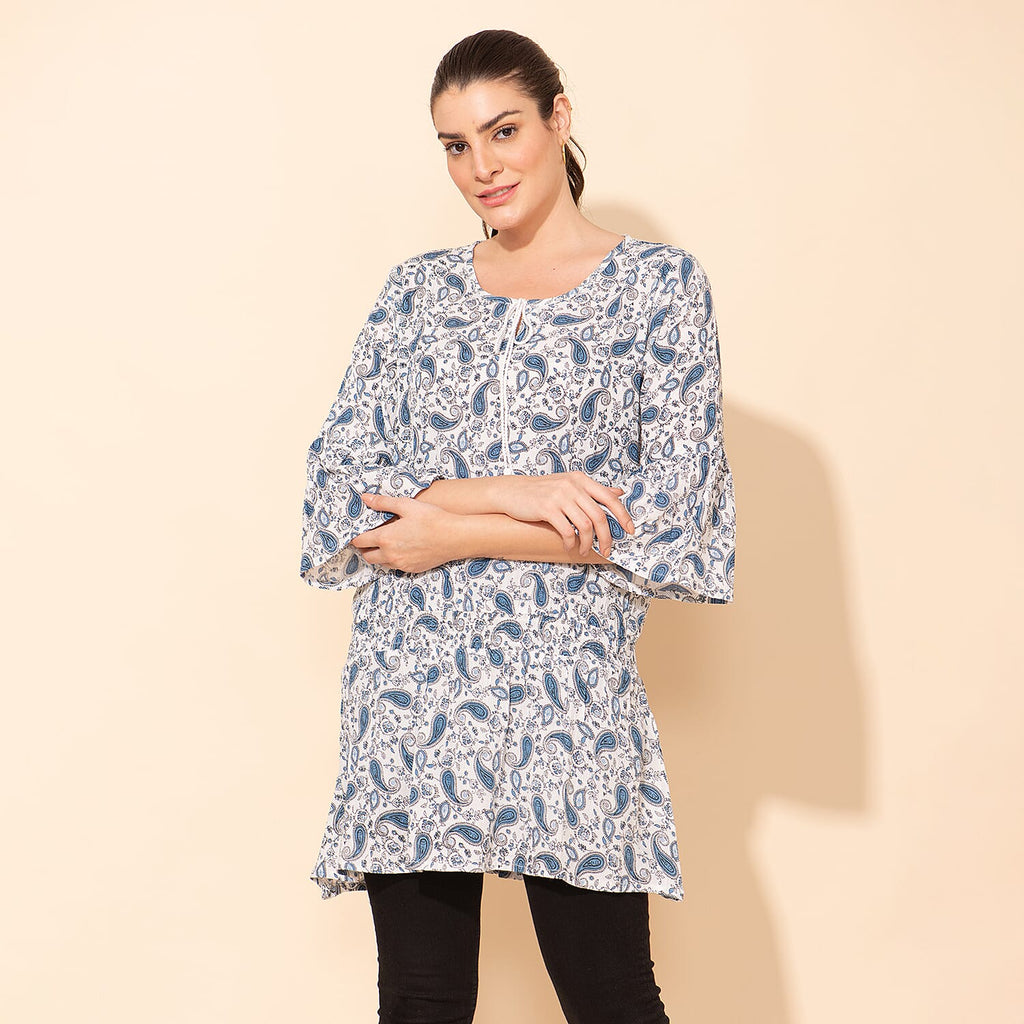 TAMSY 100% Viscose Printed Crepe Top (Size 12) - White & Blue
