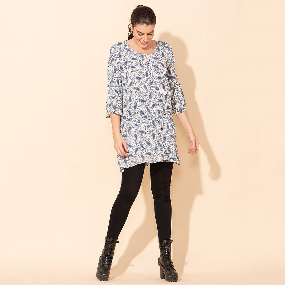 TAMSY 100% Viscose Printed Crepe Top (Size 10) - White & Blue