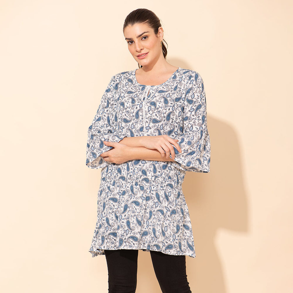 TAMSY 100% Viscose Printed Crepe Top (Size 10) - White & Blue